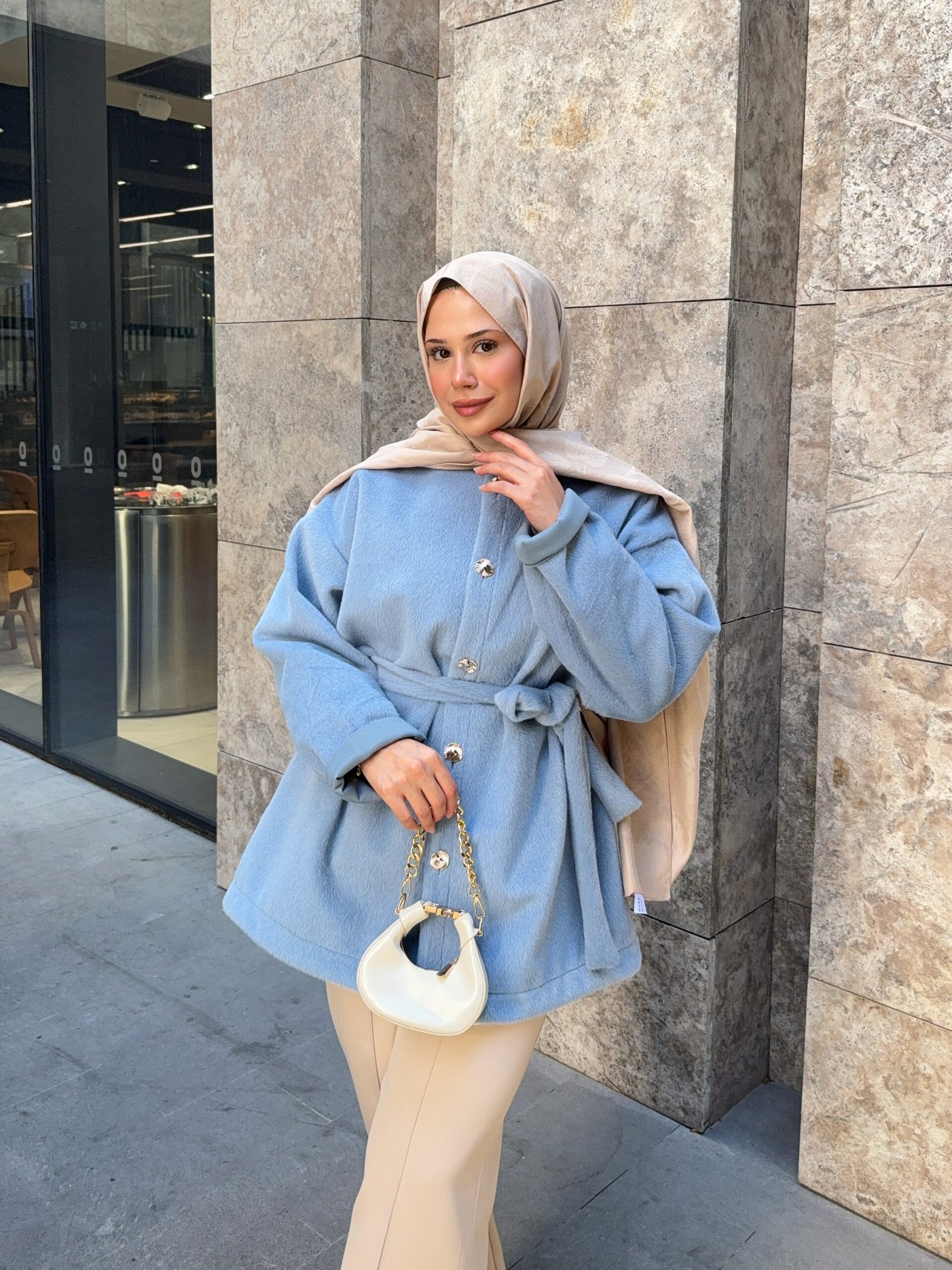 Premium Bel Bağlamalı Düğme Detaylı Tüylü Goldfox Mavi Kaban