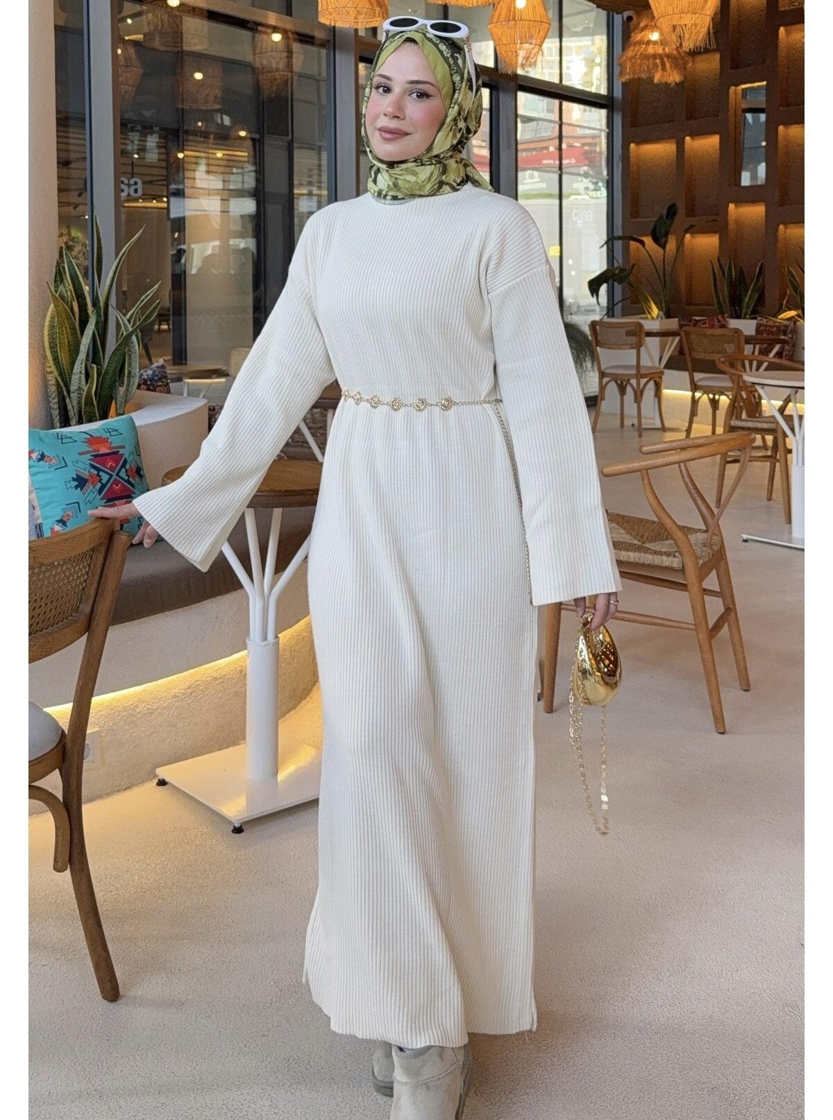 Merserize Soğuk İplik Triko Krem Elbise