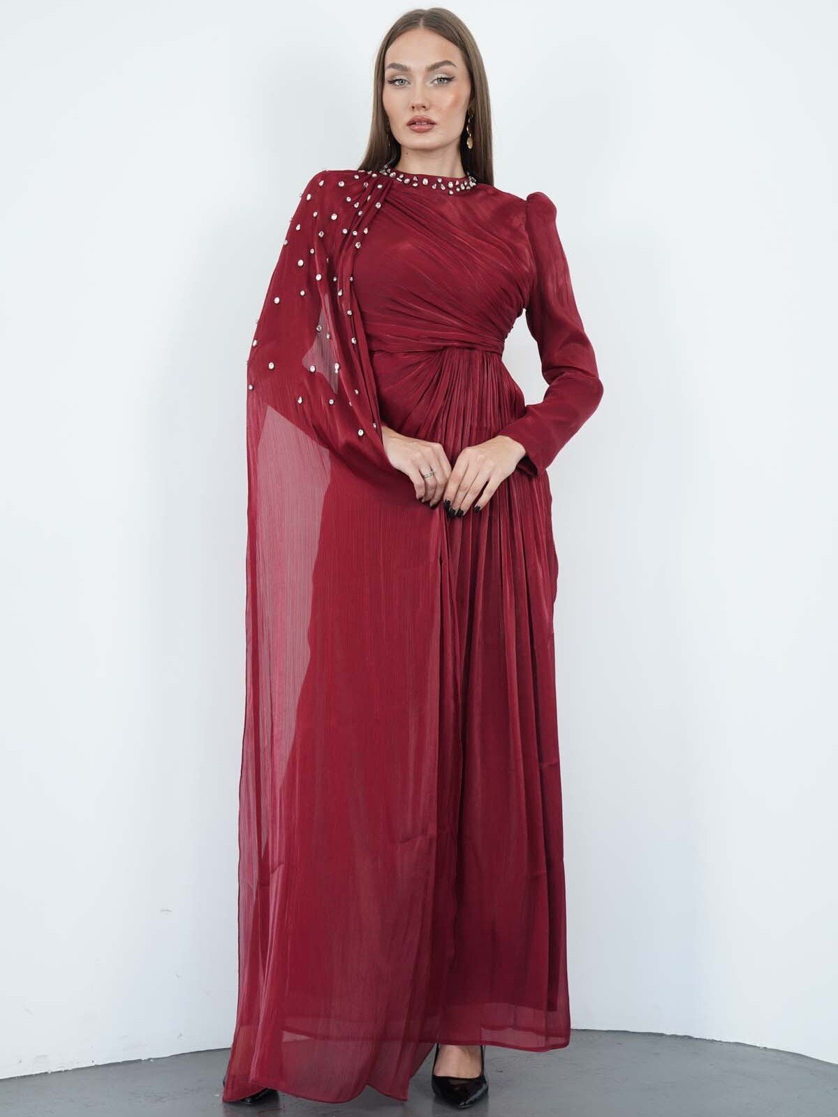 Şifon Tek Omuz Pelerinli Abiye