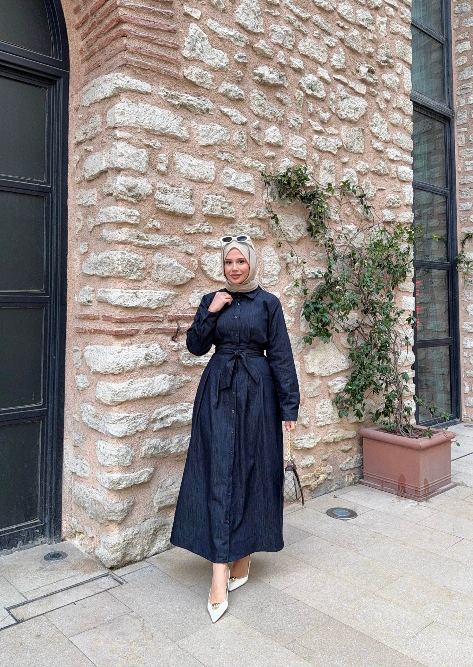 Second image of Denim belden oturtmalı elbise