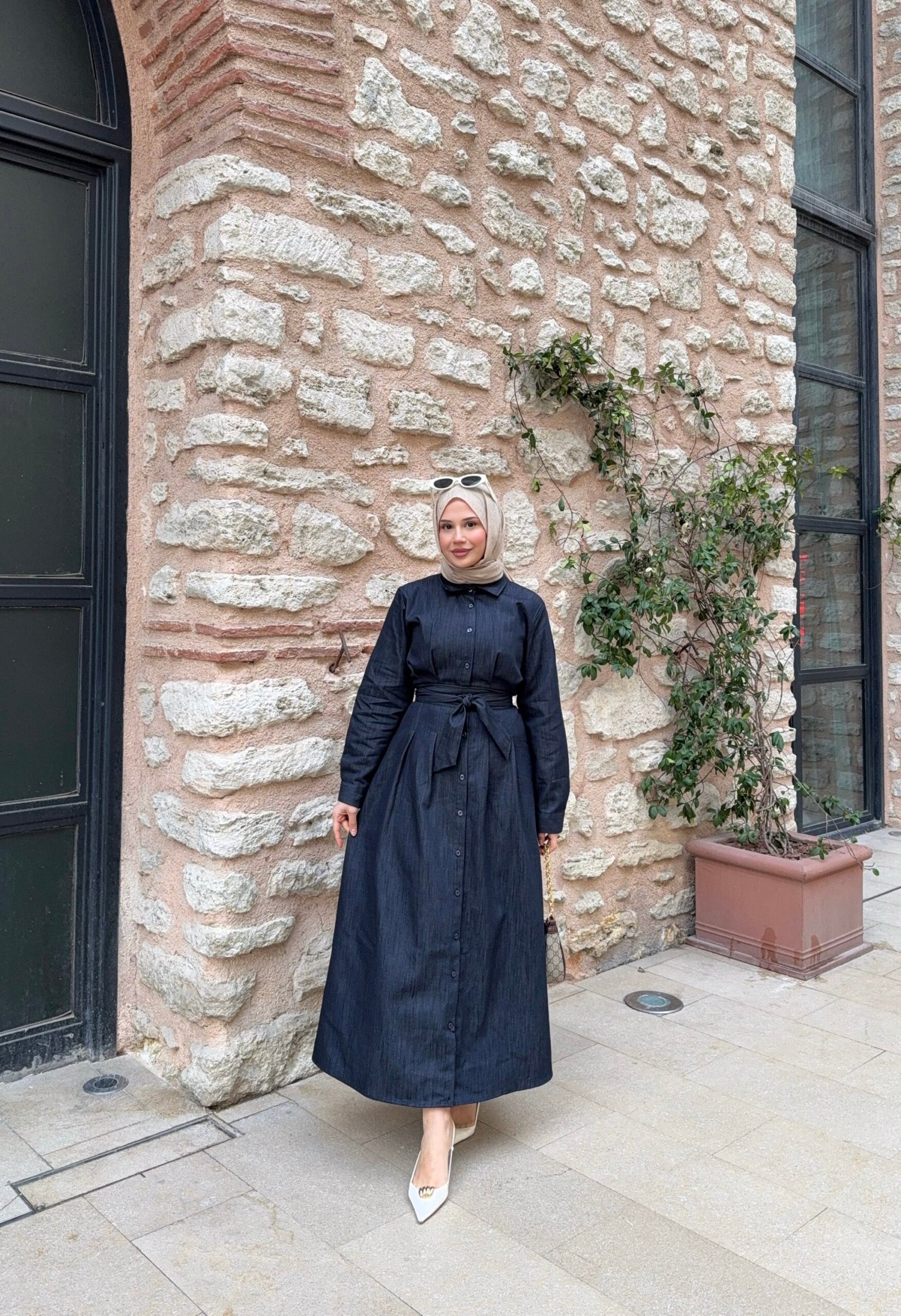 Denim belden oturtmalı elbise