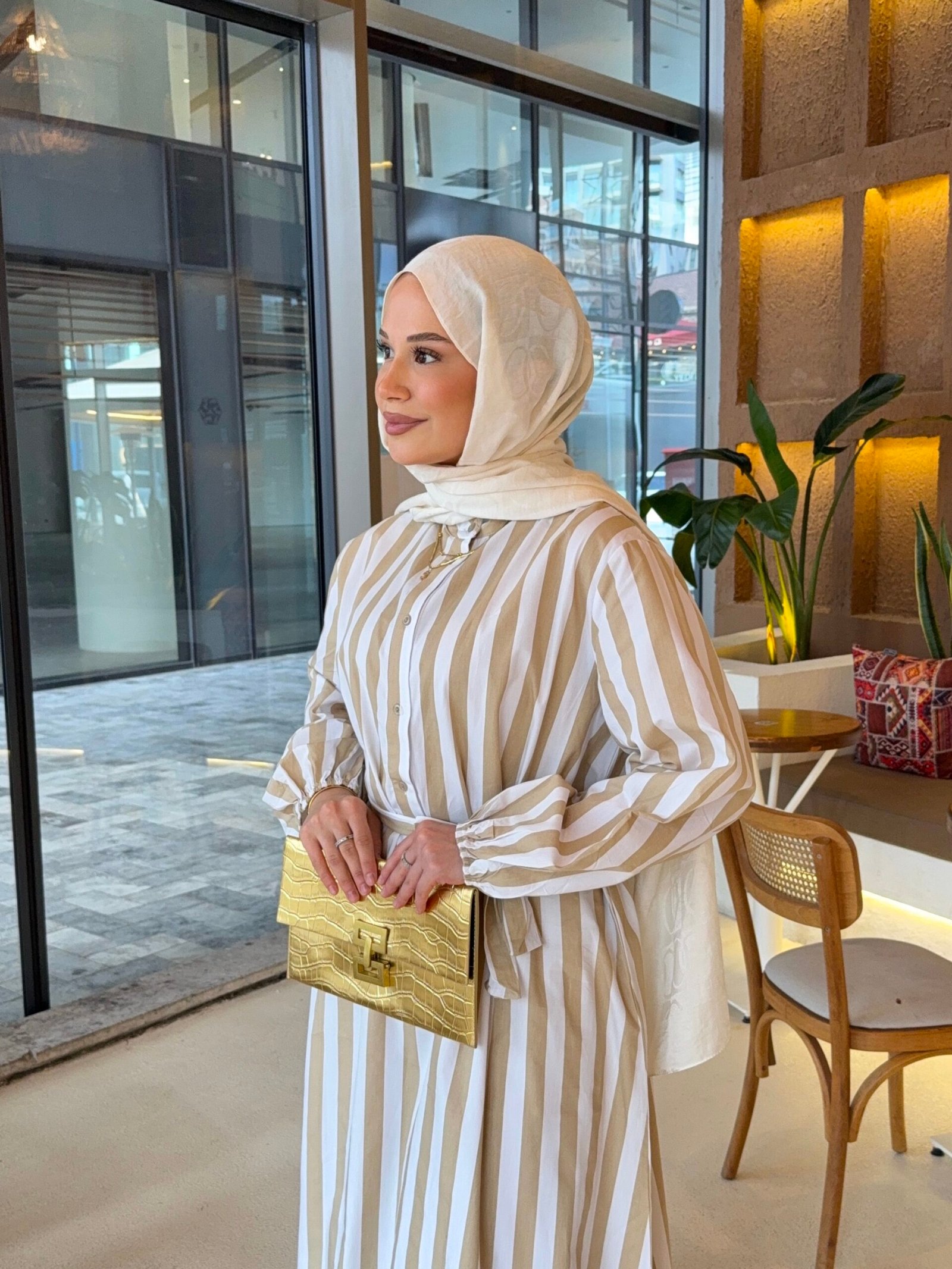 Lara Model Çizgili Camel Elbise