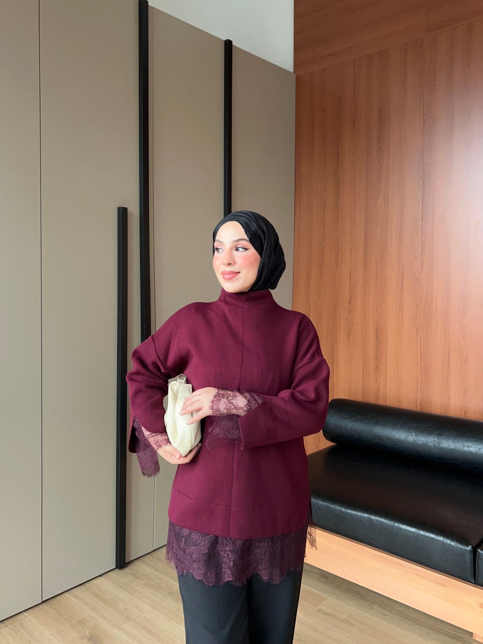Velin Dantel Detaylı Bluz - Mürdüm